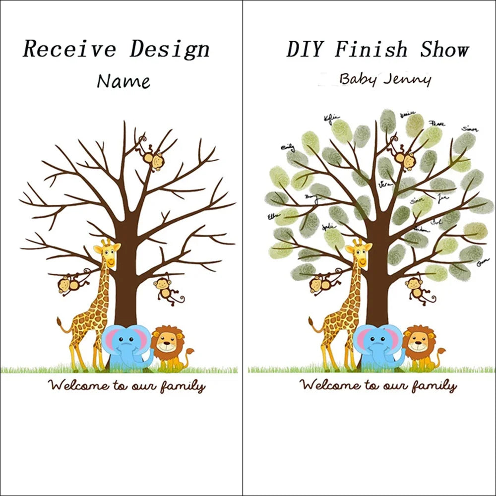 Image divisée montrant un arbre de conception 'Receive' avec une girafe et un lion, et un arbre de finition DIY avec une gira