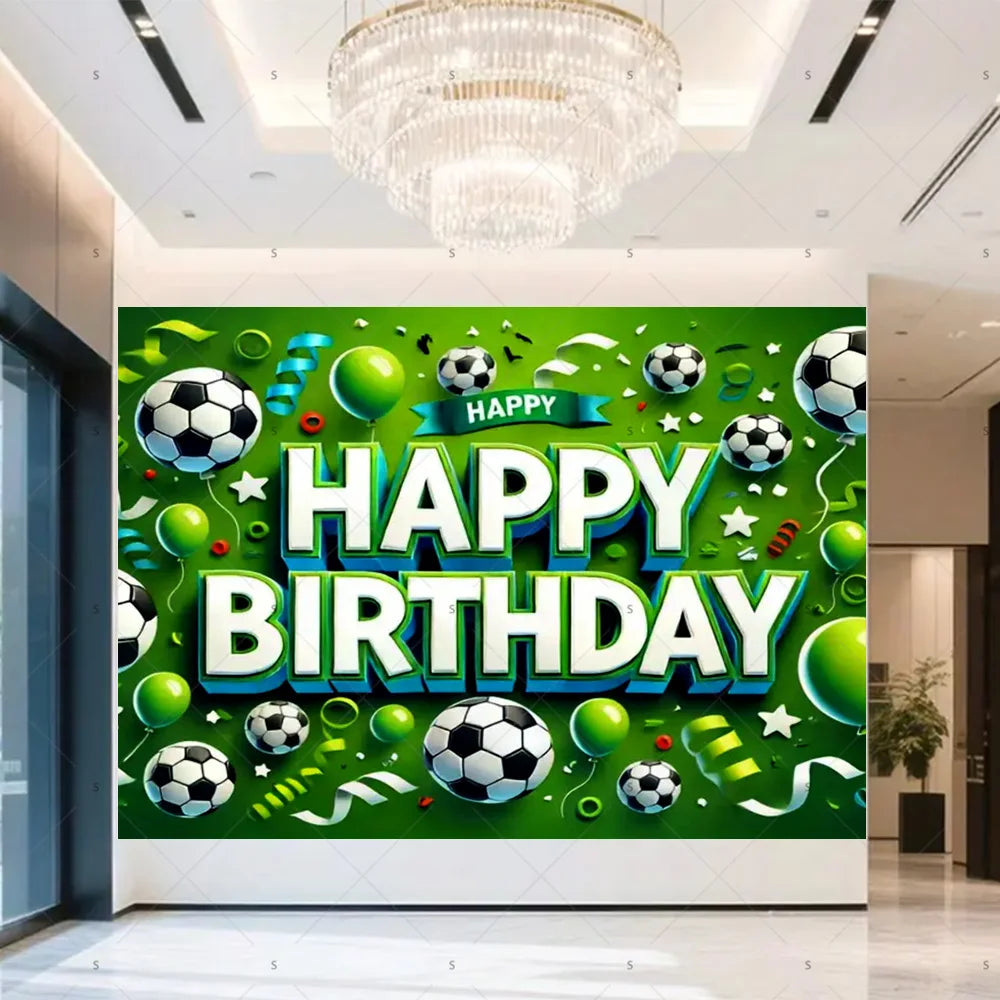 A vibrant green backdrop banner for a happy birthday featuring soccer balls, trophies, and crowns.