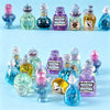 A collection of miniature resin magic potion bottles in various colors and shapes for dollhouse decor.