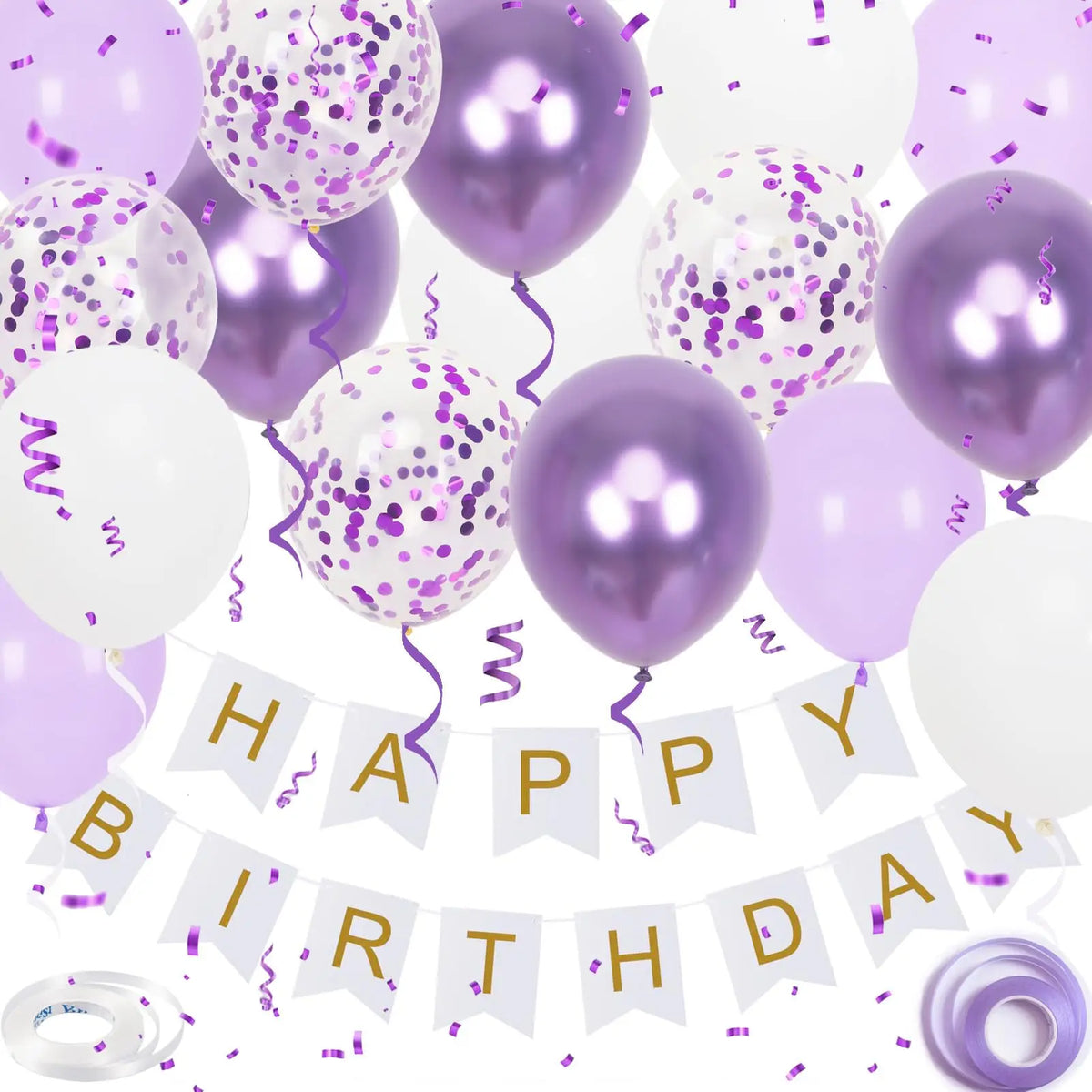 A collection of purple and white balloons with gold confetti and streamers for a birthday party decoration set.