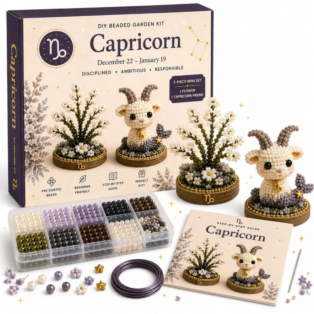 A box set of Capricorn DIY beaded garden kit featuring a small figurine and beads.