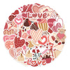A colorful collection of heart-shaped stickers and decorative elements with the word Love on a round background.