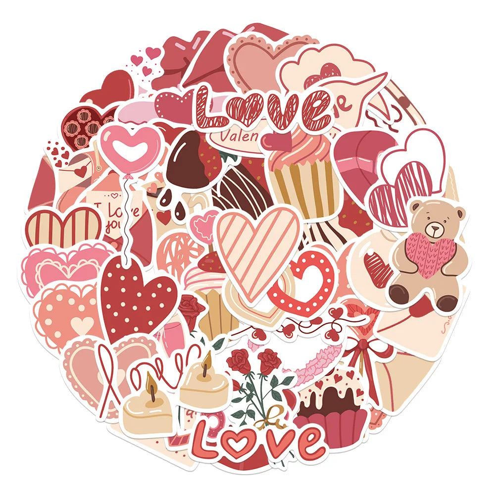 A colorful collection of heart-shaped stickers and decorative elements with the word Love on a round background.