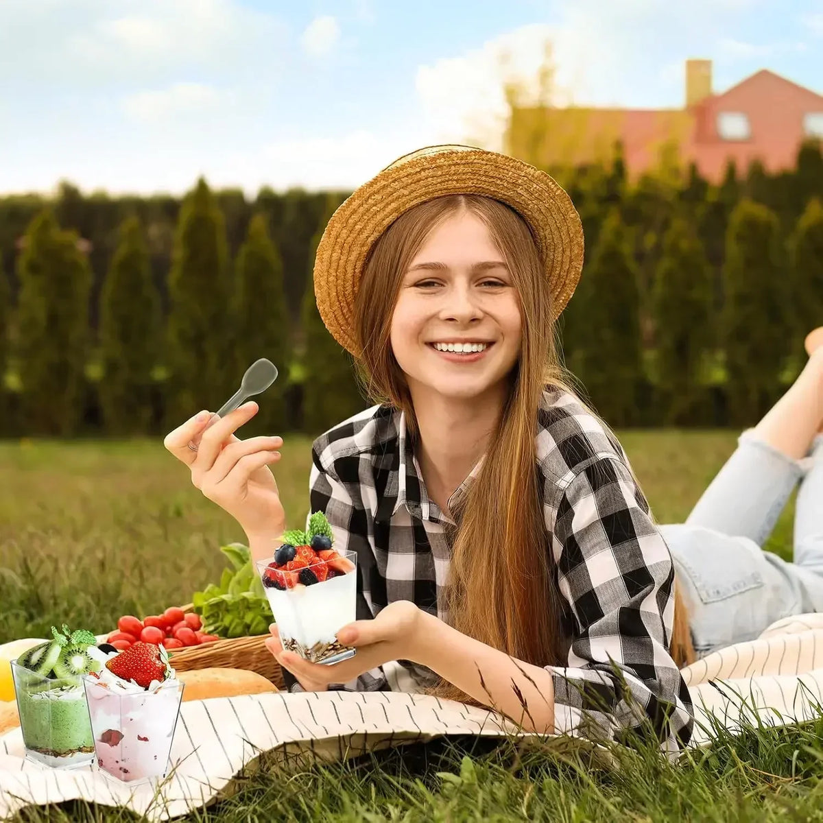 A smiling girl holds a clear square plastic dessert cup with a spoon outdoors on a blanket.