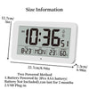 A digital wall clock displaying 10:36, date, day, temperature, and humidity, shown with size dimensions.