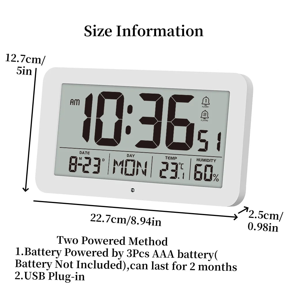 A digital wall clock displaying 10:36, date, day, temperature, and humidity, shown with size dimensions.