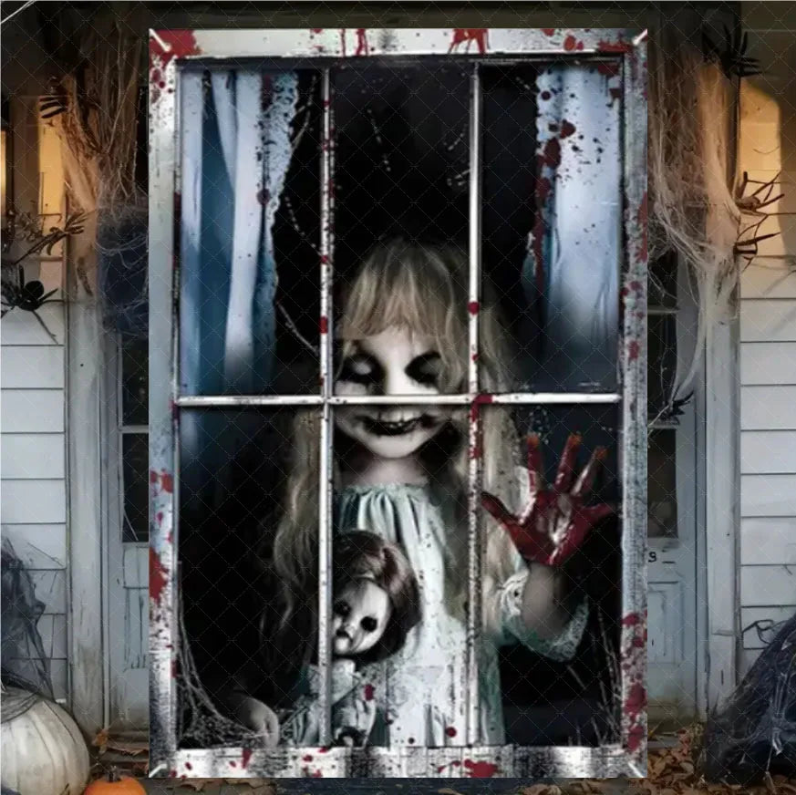 A spooky Halloween window banner featuring a ghostly face with dark makeup and blood splatters.