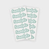 A sheet of twenty-four personalized name stickers with the text Sample for each label in a mint green color.