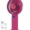 A pink portable rechargeable handheld fan with a circular grille and a digital display, shown vertically.