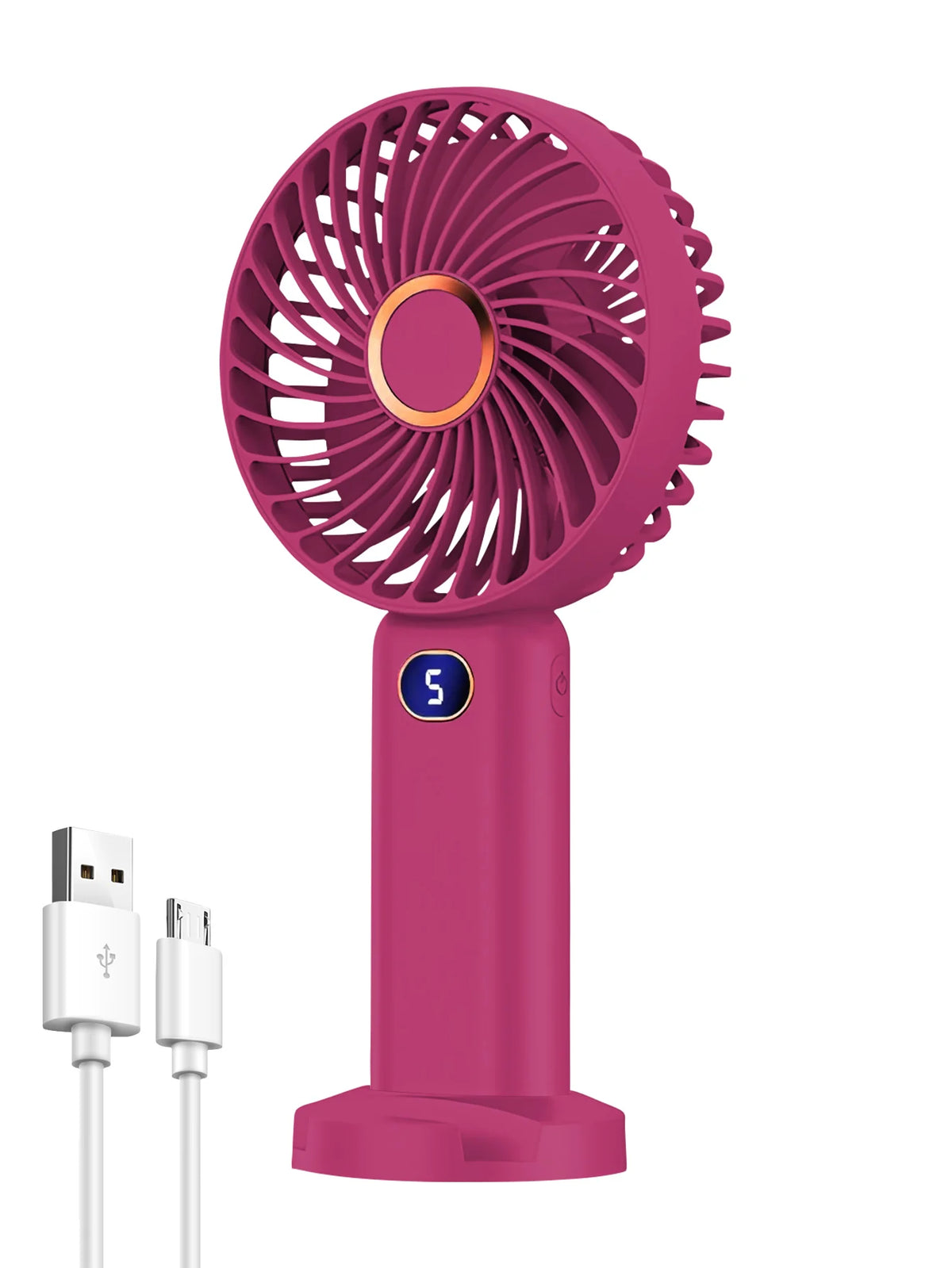 A pink portable rechargeable handheld fan with a circular grille and a digital display, shown vertically.