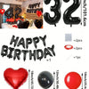A set of red and black foil number balloons, heart shaped balloons, and round balloons for birthday decorations.