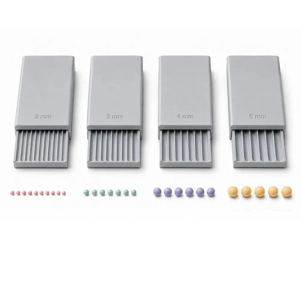 A set of precision clay bead rollers in various sizes (2mm to 5mm) and colors.