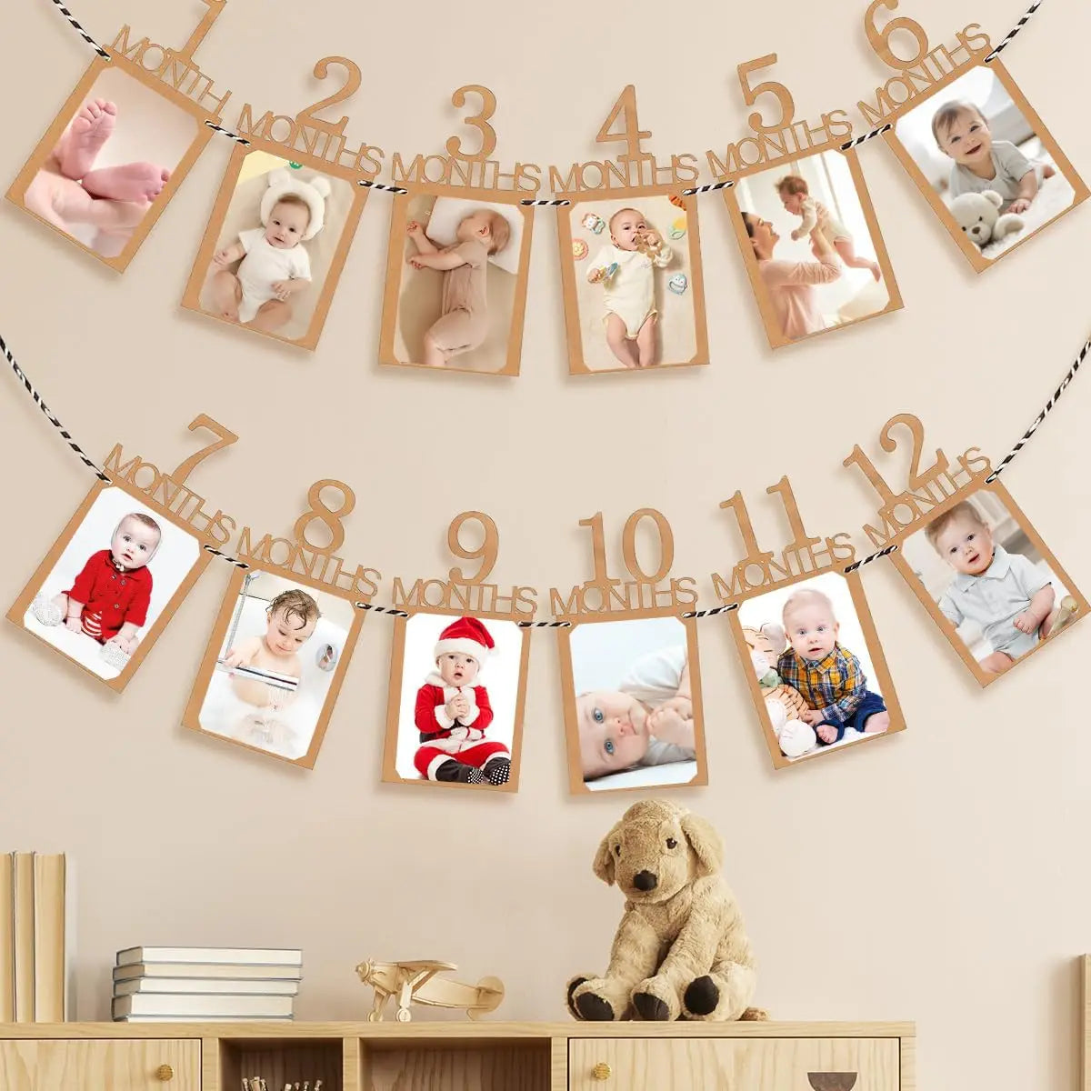 A decorative banner featuring photos of a baby across twelve months for a first birthday growth record.
