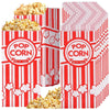 Red and white striped disposable paper popcorn bags filled with popcorn.