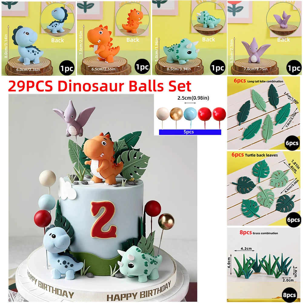 Un juego de pelotas de dinosaurios y hojas usadas como toppers para pastel, con varios dinosaurios y follaje.