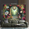 A tapestry wall hanging depicting an Alice in Wonderland fantasy scene with roses, mushrooms, and a checkered path.