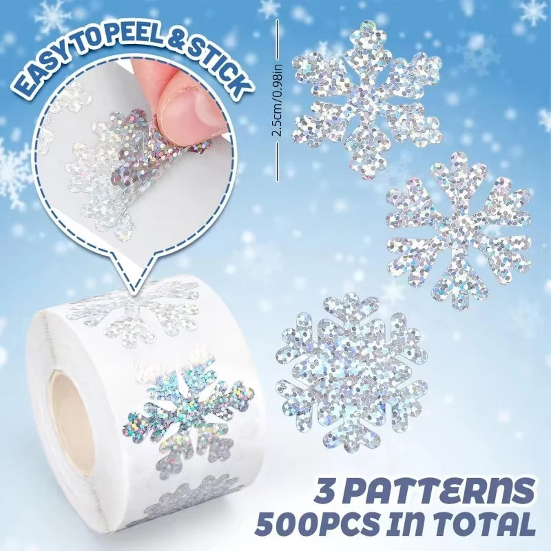 Roll of glittery laser christmas snowflake stickers with a demonstration of how to peel and stick them