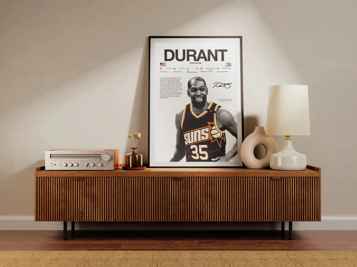A framed canvas wall art poster featuring a portrait of Durant with the number 35 and text.