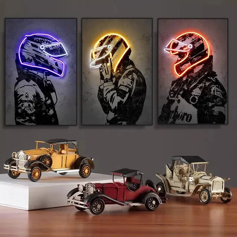 Three framed canvas prints of a motorcycle helmet with neon glow art displayed above vintage cars.