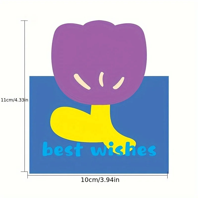 A purple flower card with a yellow stem and the text best wishes on a blue background.
