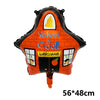 Orangefarbener Luftballon aus Folie in Form eines Backsteingebäudes mit Text und einer Glocke