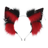 A pair of black and red faux fur fox ears headband for cosplay or themed parties