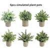 Six simulated plant pots featuring various green foliage in rustic gray pots.