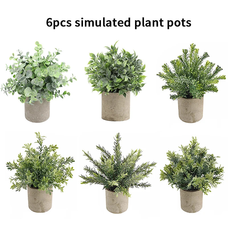 Six simulated plant pots featuring various green foliage in rustic gray pots.