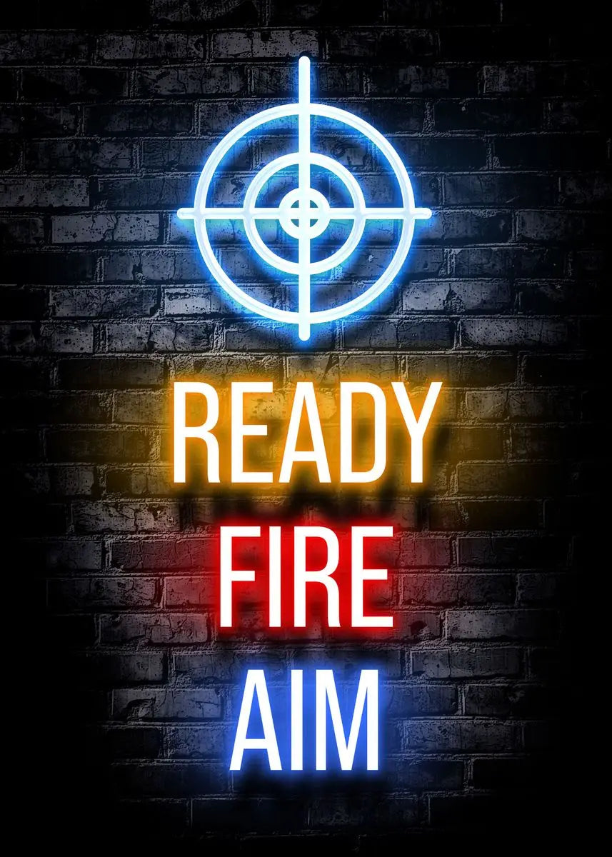 Neon alphabet gamepad target sight ready fire aim glowing on a dark brick wall