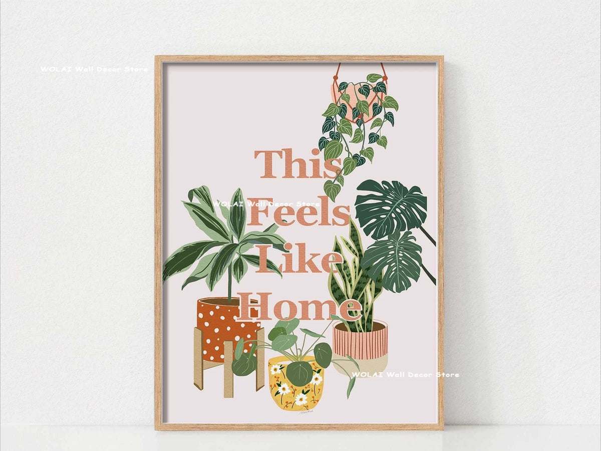 Botanical philodendron canvas wall art featuring various green plants in terracotta and yellow pots.