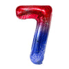 A red and blue foil balloon shaped like the number 7 with a spiderweb pattern.