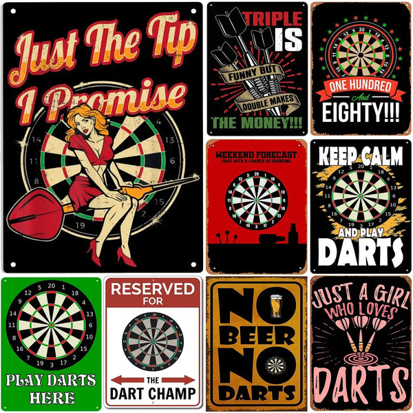 Vintage metal sign featuring various darts and gambling themes including Just The Tip 1 Promise and No Beer No Darts