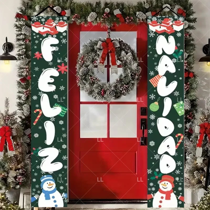 Festive Christmas door banner featuring holiday greetings and a wreath on a red door.