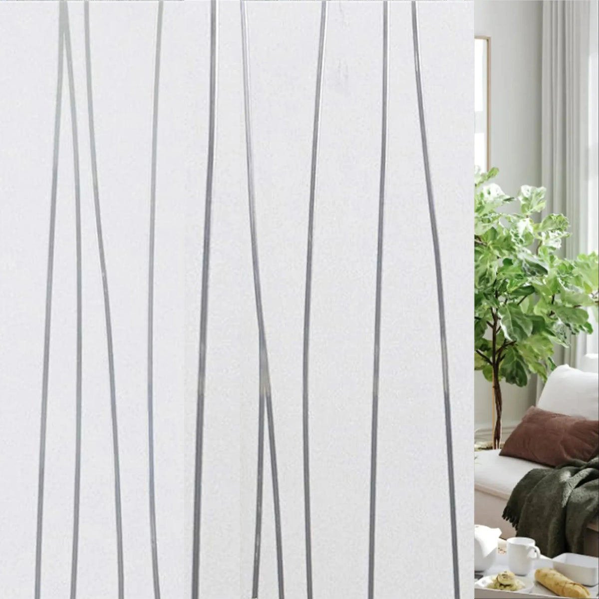Vertical silver lines of frosted window privacy film against a white background.