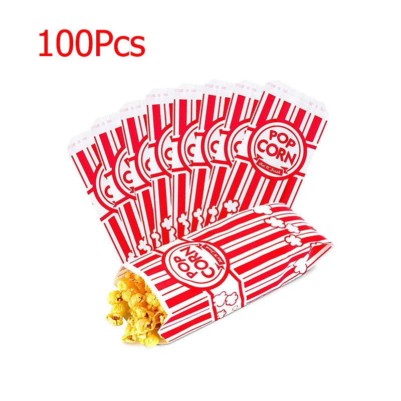 A pack of 100 disposable red and white striped popcorn bags for parties and events