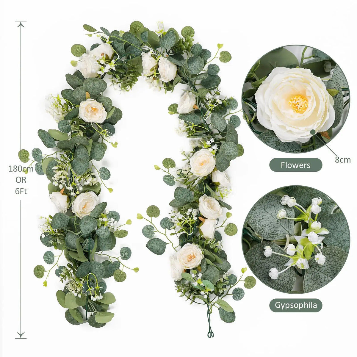 Artificial eucalyptus and rose garland featuring white flowers and greenery.