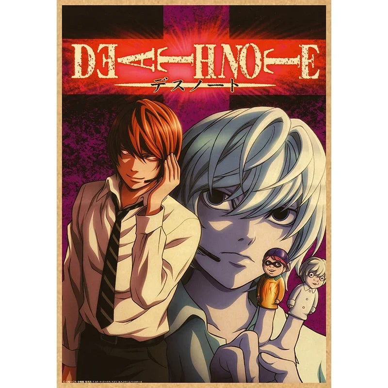 Anime illustration of Light Yagami and L from Death Note featuring vibrant colors and dramatic lighting.