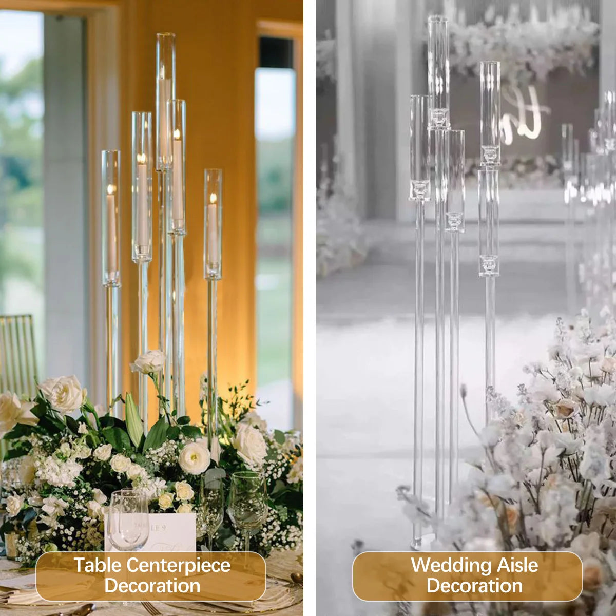 A display of tall acrylic candelabra used for wedding and home decor arrangements.