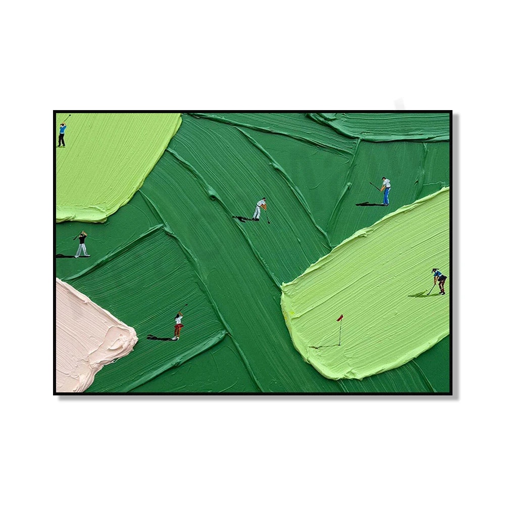 Abstract canvas art depicting a green golf scene with figures playing on a textured surface.