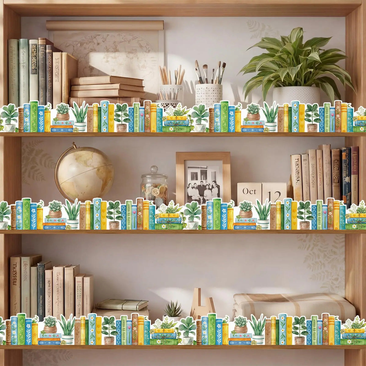 A wooden bookshelf with decorative stickers featuring green plants and colorful books on multiple shelves.