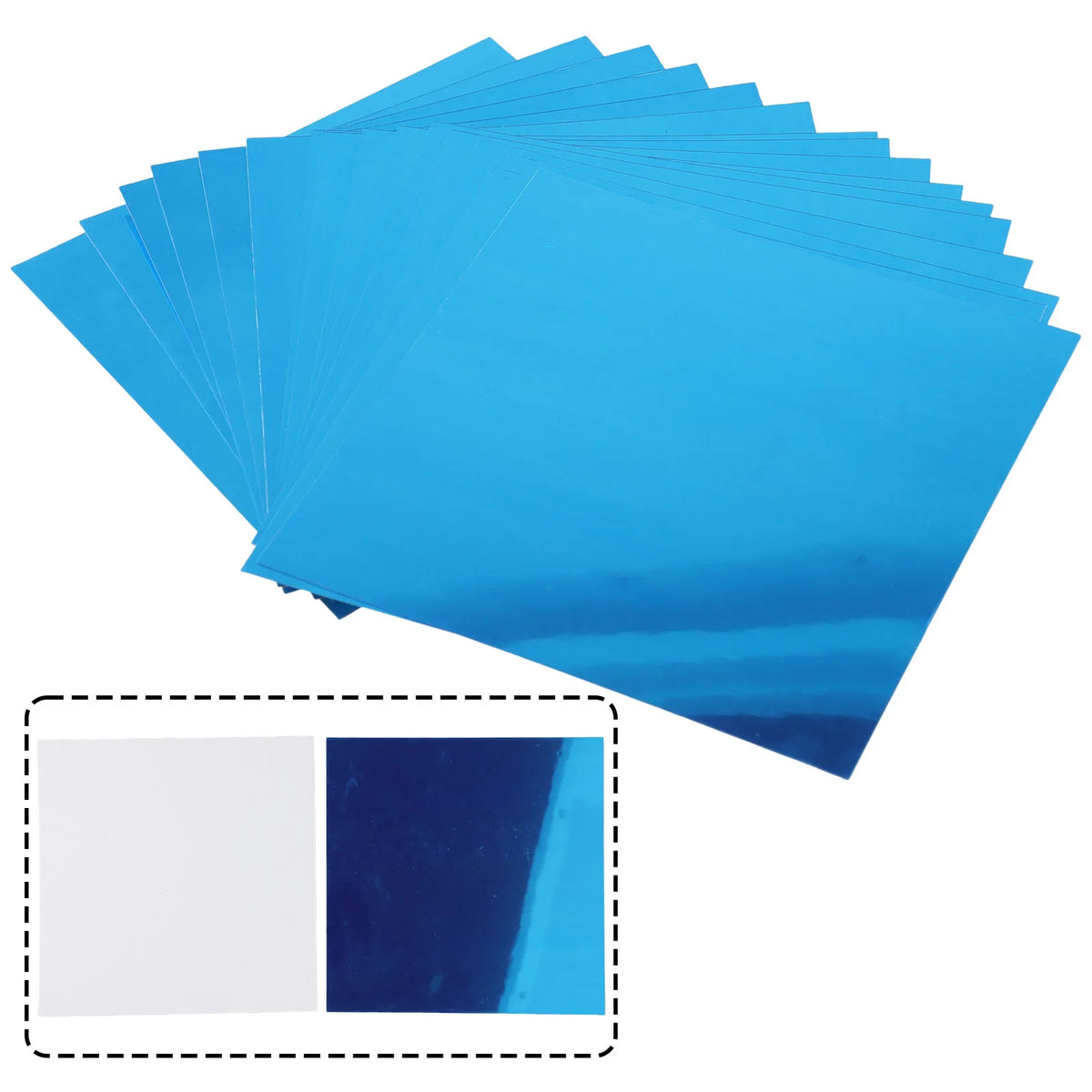 A stack of bright blue decorative acrylic mirror mosaic tiles viewed from an angle.