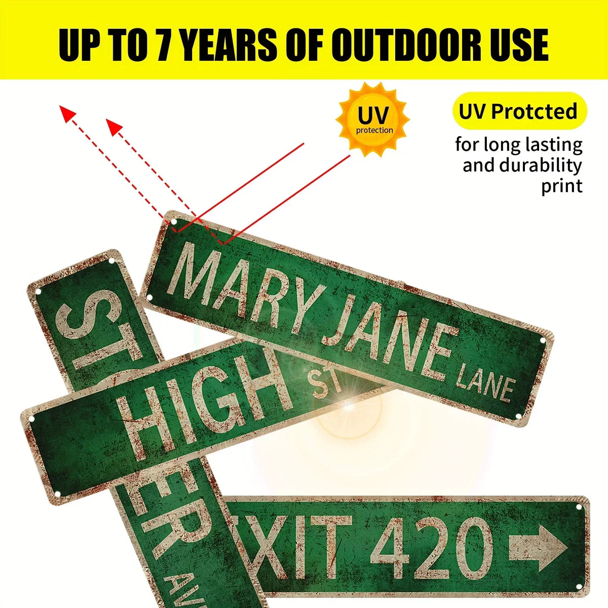 Vintage green metal street sign for Mary Jane Lane with UV protection label