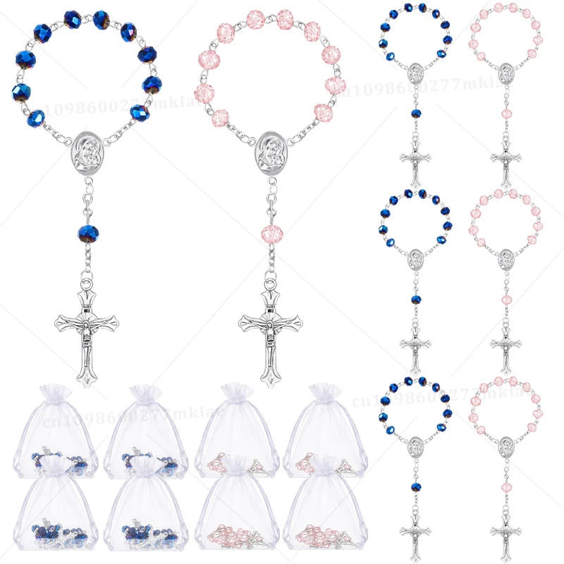 Assorted mini baptism rosary favors with cross necklaces featuring blue and pink gemstones