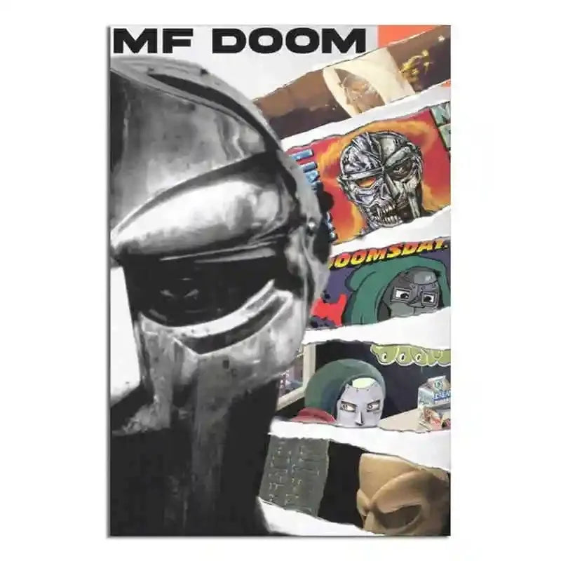 A canvas art poster featuring various stylized images and text related to the artist MF DOOM.
