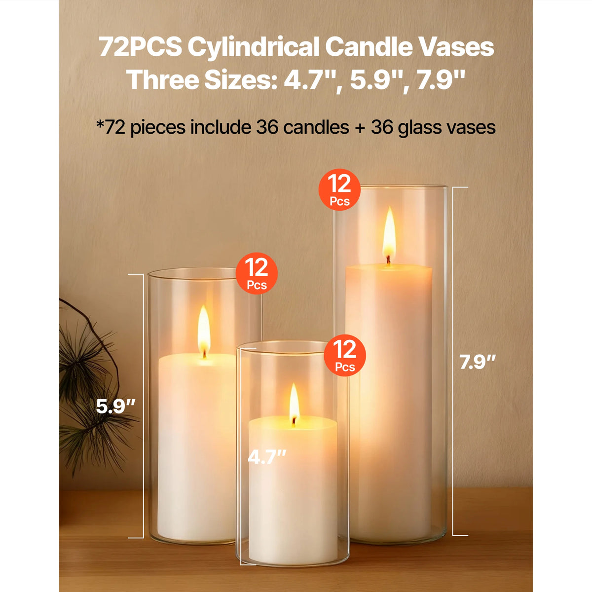 A set of 72 pieces including 36 candles and 36 glass cylindrical candle vases in various sizes