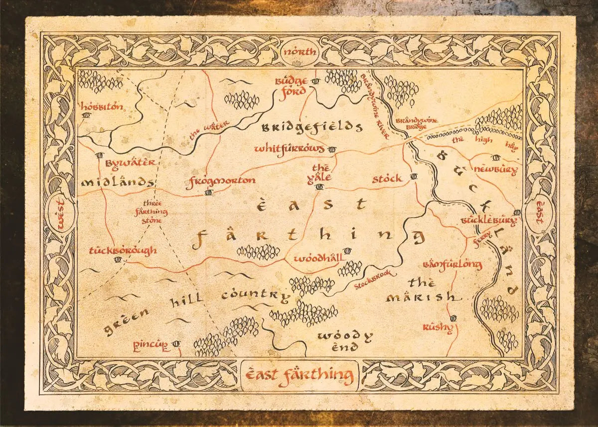 Vintage retro world map canvas wall art depicting a stylized map of East Farthing and Bridgefields