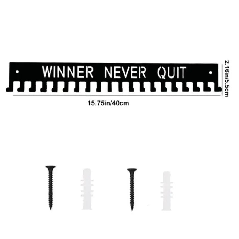 A black metal medal display rack with a serrated edge for mounting, measuring 15.75 inches long.