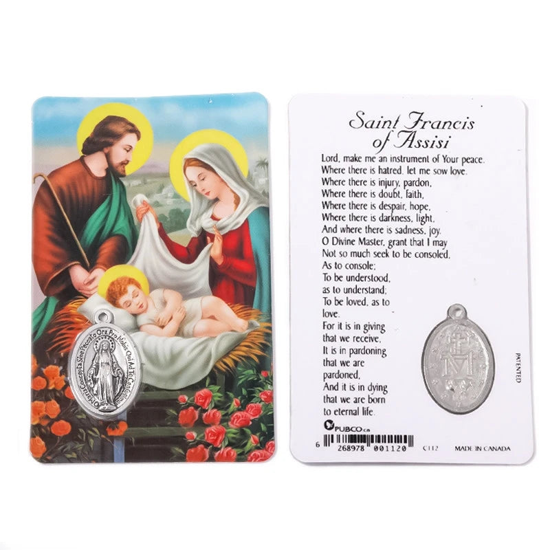 A religious card featuring Saint Francis of Assisi and a depiction of the infant Jesus with a pendant.