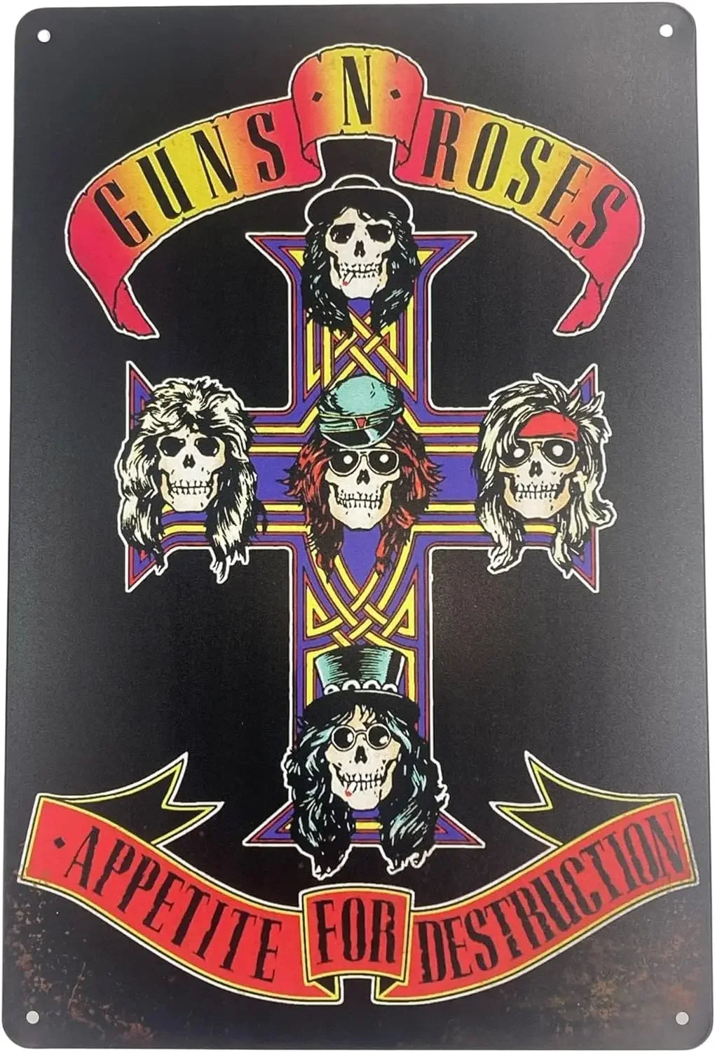 Plaque negra con diseño de calavera y tibias cruzadas con el texto Guns N' Roses y Appetite for Destruction