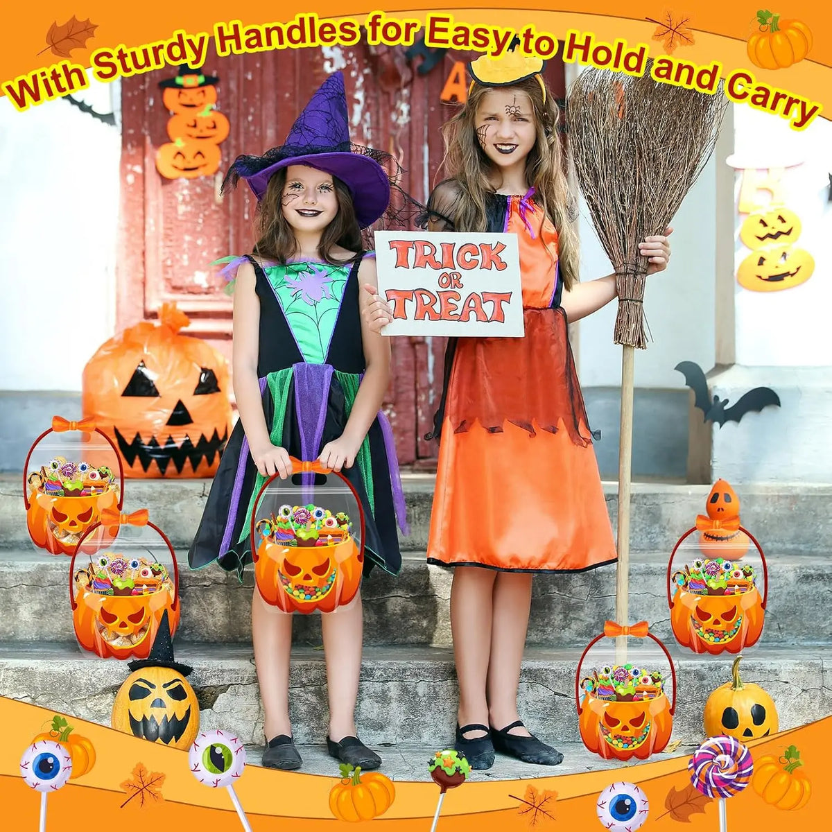 A girl holds a Halloween trick or treat candy bag with a handle and a bundle of dried grass.